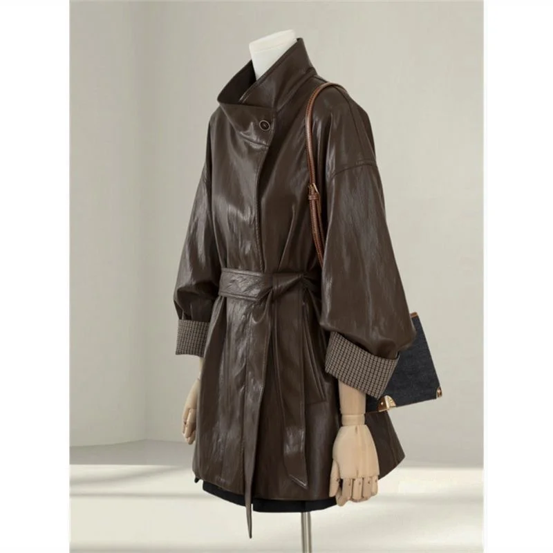 

Biker Jackets Womens Jacket Thin Autumn Blends Houndstooth Panelled Pleats Pressed High-Quality Highstreet Advanced Fashion Sexy