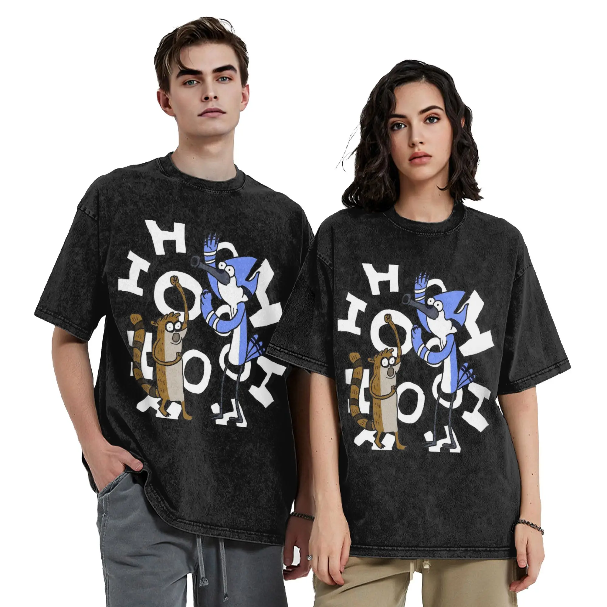 Casual Women Men Ooooohh!!! Mordecai & Rigby Regulars Show Tee Shirt Cotton Washed  T Shirts Apparel