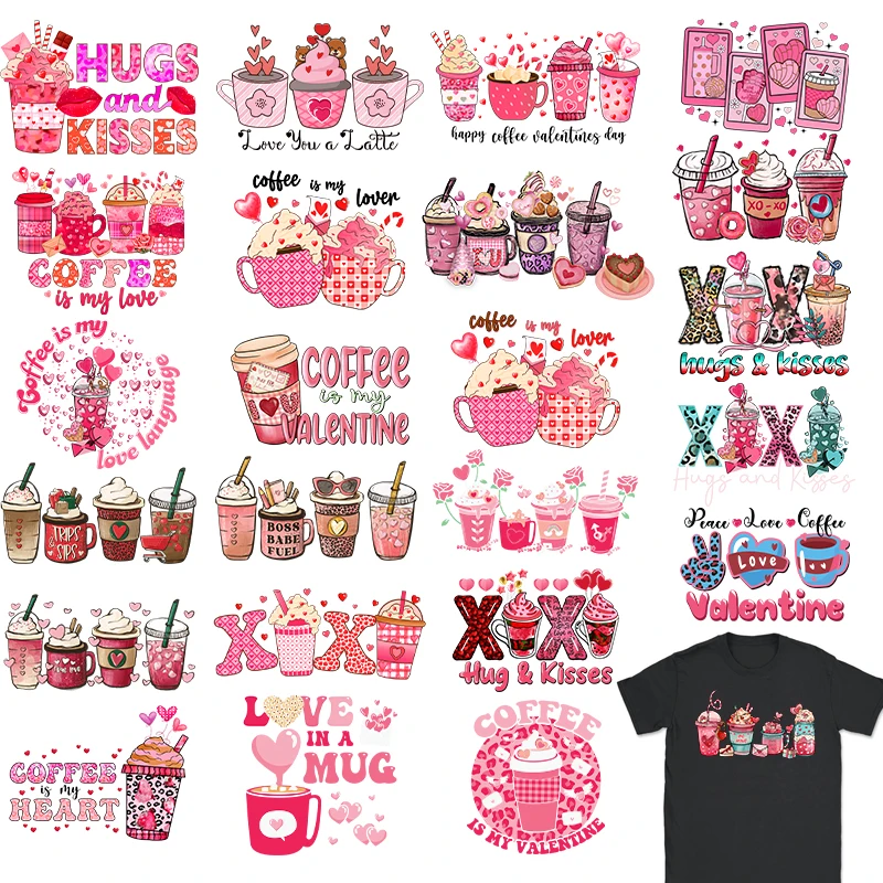 DIY Design Valentine's Day Iron On Heat Transfer Love Patch T Shirts Drink Snacks Coffee DTF Transfer Sticker Kisses Clothing