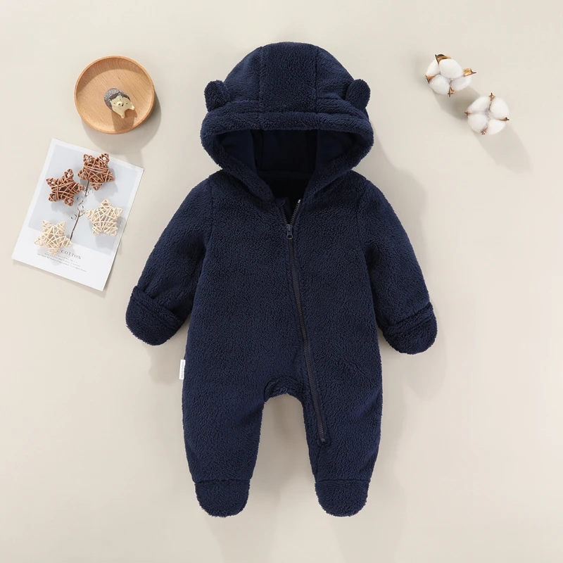 Baby Plush Fleece Hooded Footed Romper Bear Ears Design Vertical Zipper Warm Thick One Piece Newborn Daily Sleep Outfit