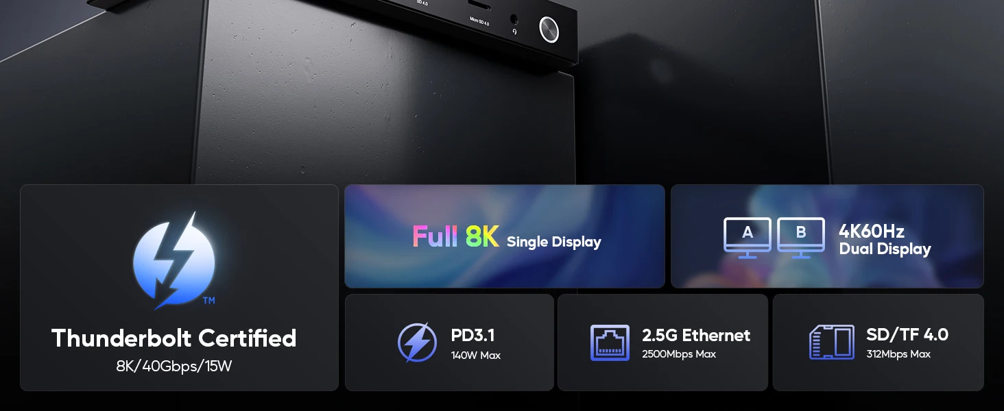 PULWTOP Thunderbolt 4 Hub mit Dual-Monitor 8K/4K Display, USB-C Laptop-Dockingstation mit 40Gb/s, HDMI, SD/TF4.0, 2.5GbE – Detail 2