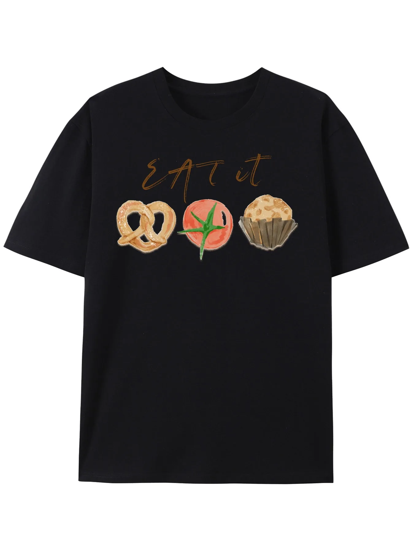 EAT it Graphic T-Shirt - Black Short Sleeve Tee with Pretzel, Tomato, and Muffin Design for Men