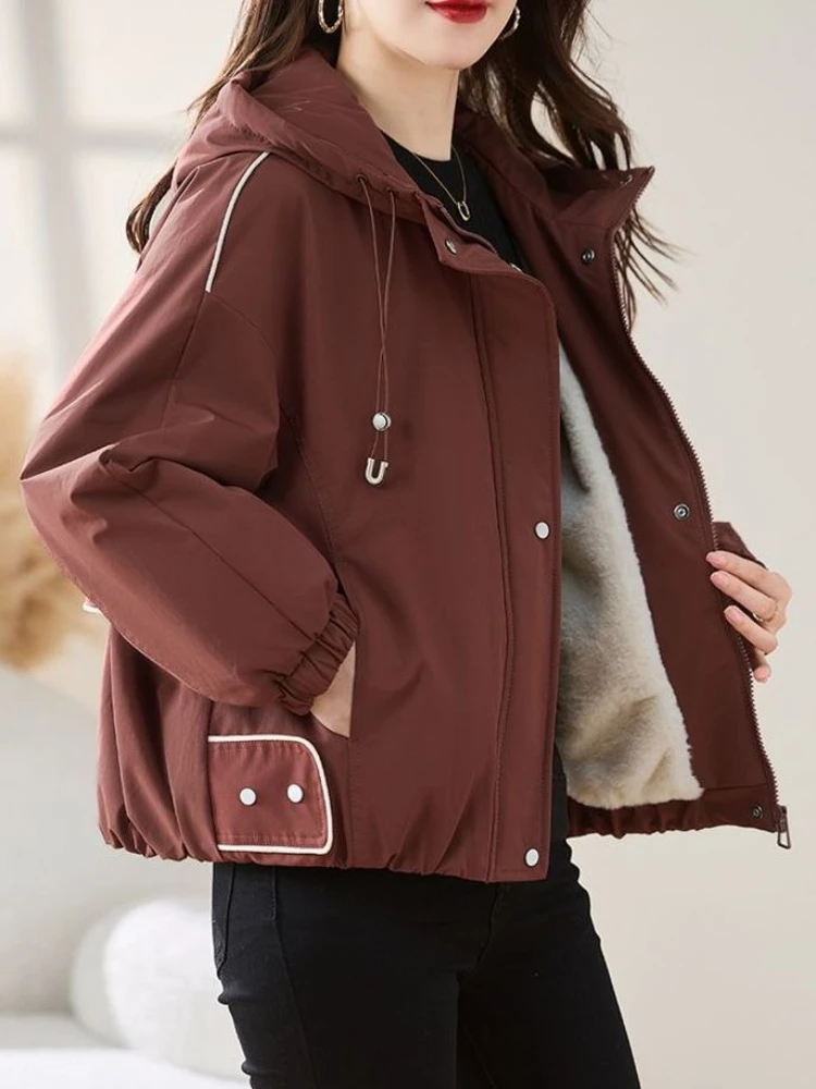 

Теплая зимняя женская короткая хлопковая куртка на подкладке из искусственного меха, 2025 г., свободное повседневное красное пальто