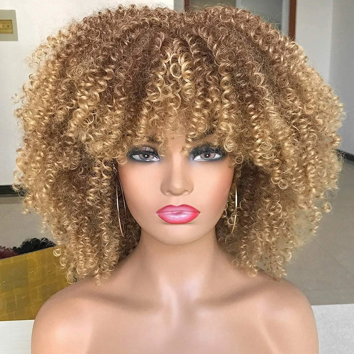 

14-дюймовые короткие кудрявые парики, афро-парики с эффектом кинки, коричневые с блондом, с челкой, для чернокожих женщин, пушистые синтетические афро-парики с кудрями и блондом