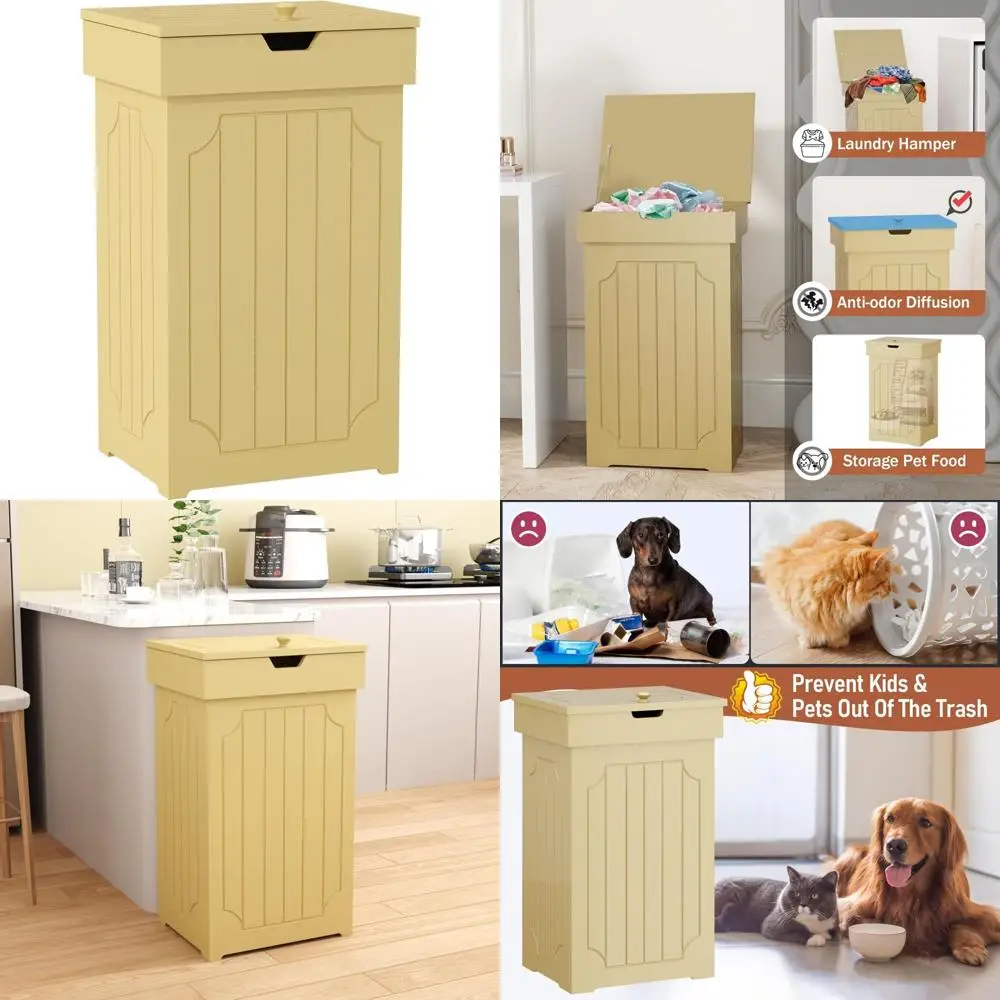 

Stylish 13-Gallon Kitchen Trash Can with Wooden Recycling Bin and Dog-Proof Feature for Home Use