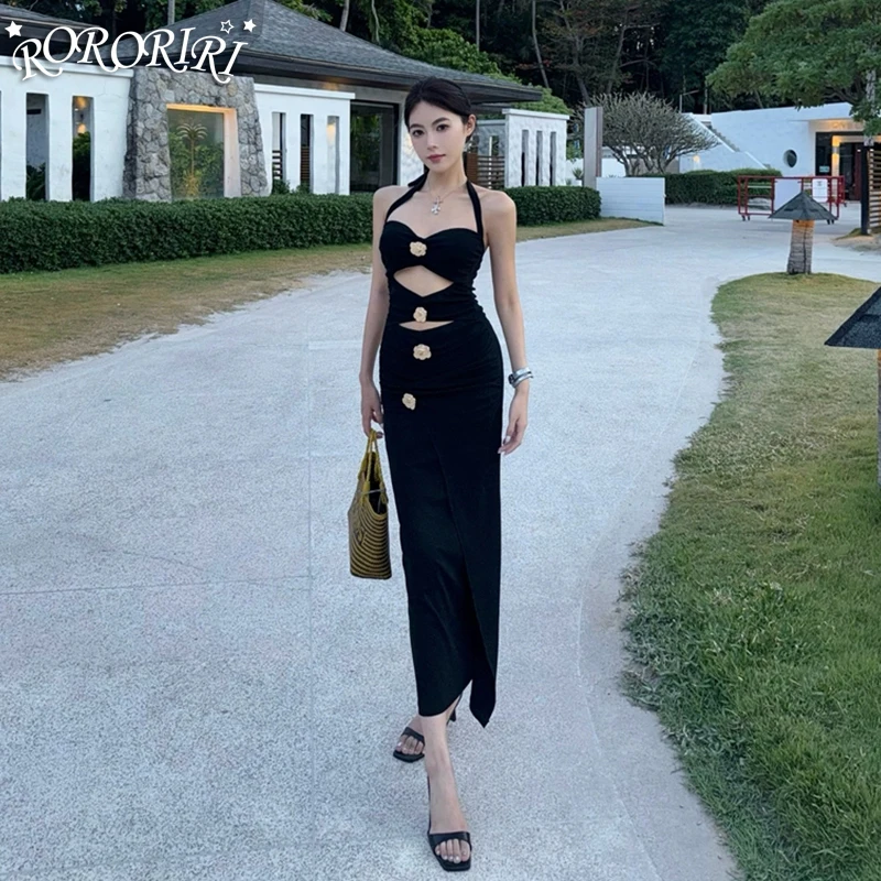 RORORIRI Sexy Cut-out Ribbon Halter Long Dress Women Flower Backless Desire Slim Stretch Bodycon One-piece Retro Holiday Clothes