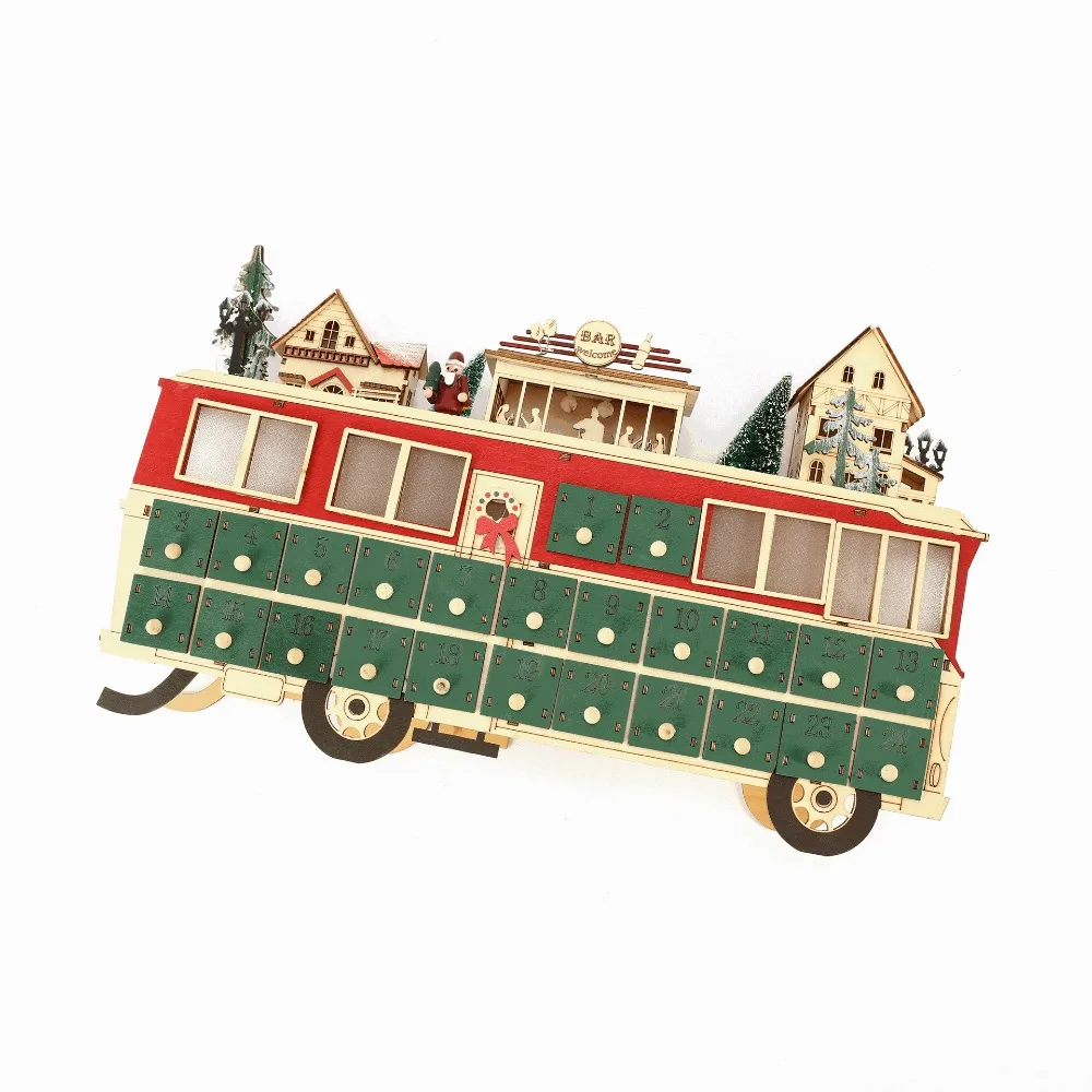 Wooden Sleigh Advent Calendar Creative Christmas LED Christmas 24 Countdown Calendar Wooden Bus Scene Home Decoration Ornament