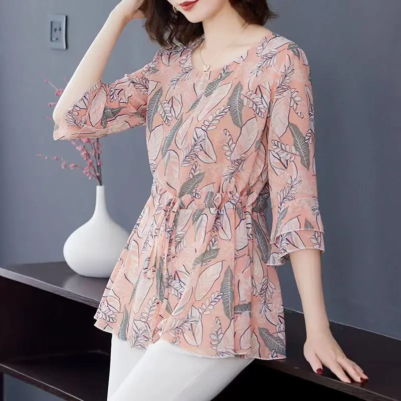 Vintage Elegant Fashion Casual Floral Printing Belt Long Shirt Summer 2023 New O-Neck Half Sleeve Tunic Blouse Women\'s Clothing