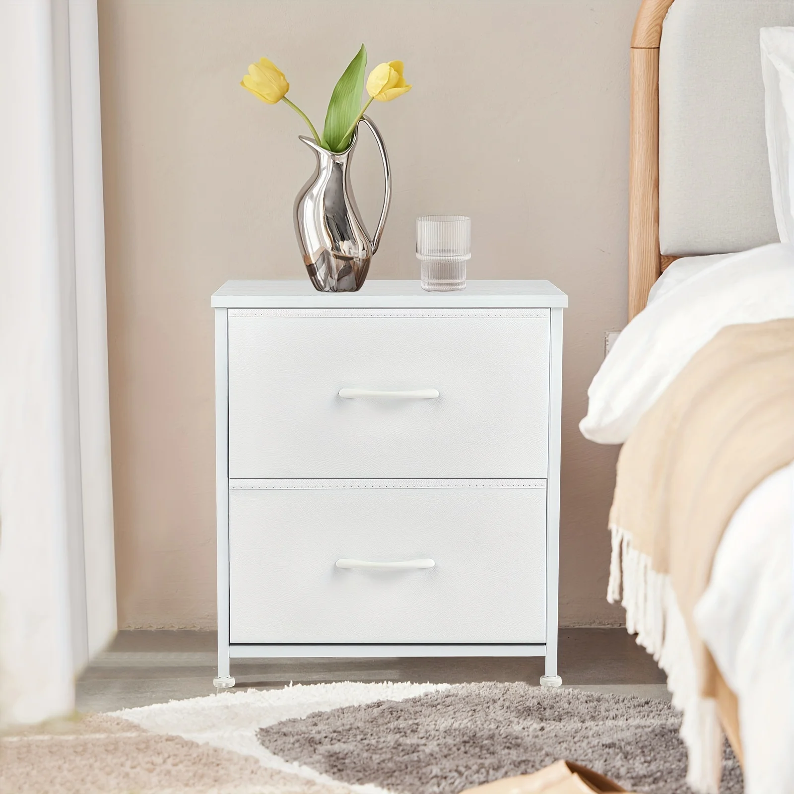 

Modern Minimalist Style Wooden Top Fabric Bedside Table With 2 Storage Drawers Suitable For Bedrooms Living Rooms White