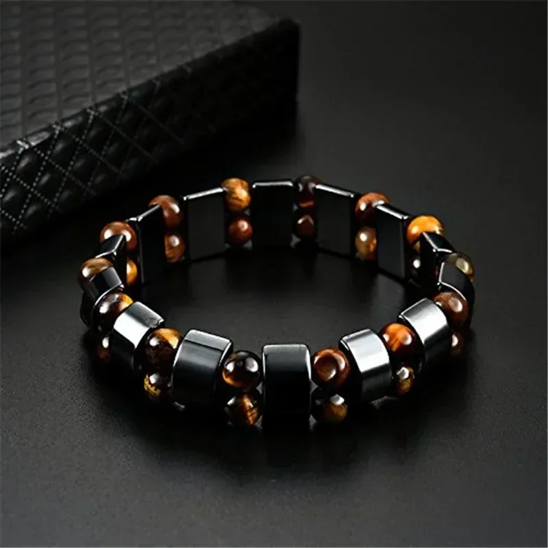 Natural Stone Double Layer Tiger Eye Lymphatic Detoxification Bracelet for Men and Women Magnetic Therapy Weight Loss Bracelet