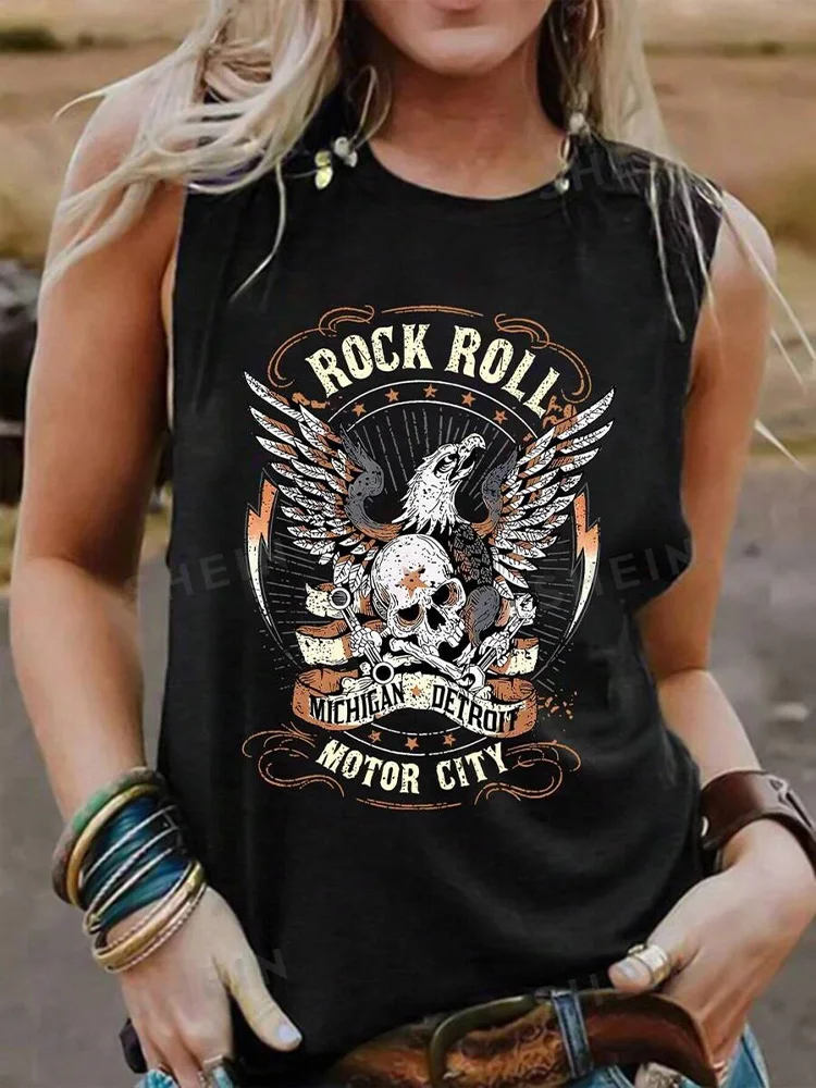 Rock Hip Hop Print Women's Tank Top Summer Street Fashion Women's Crew Neck Tank Top Everyday Casual Women's Sleeveless T-shirt