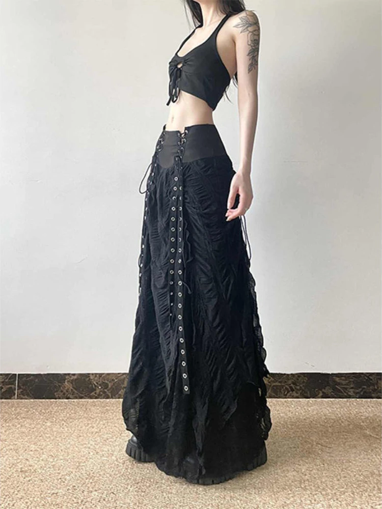 Y2k Vintage Temperament Lace Mesh Pleated Women Skirt High Waist Fairy Bow Slim Bandage A-line Long Skirts Chic Harajuku Faldas