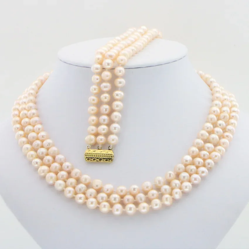 Elegant Charming 3 Row 7-8mm Natural Akoya Pearl Necklace Bracelet Set 5 Colors Woman Gift Banquet Wedding Christmas Gift  AAA