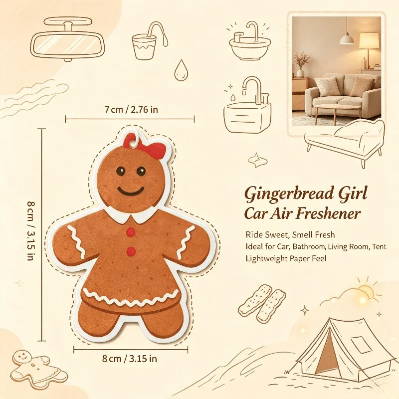 Car Air Freshener Cute Gingerbread Girl Holiday Hanging Scent Card for Car Rearview Mirror Decor Ornament Gift