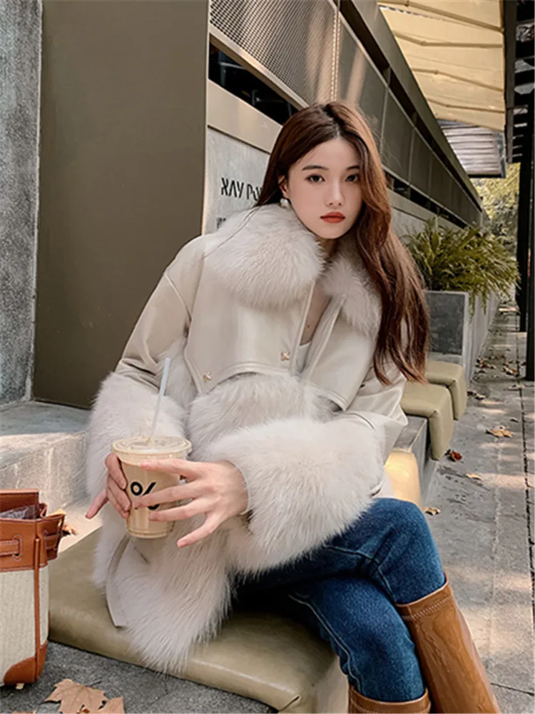 Winter Women's Leather Jacket With Real Fox Fur Collar Trim Natural Rabbit Skin With Rabbit Fur Coats Short Style Female