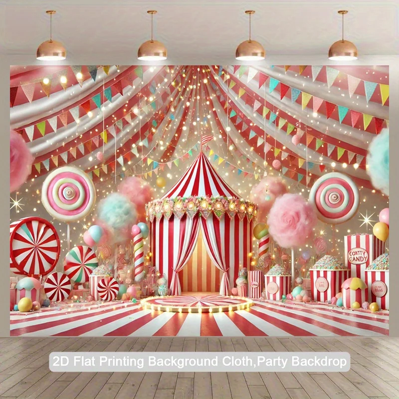 

1pc Circus Party Background - Pastel pink striped candy-themed tent, suitable for birthday party photography background