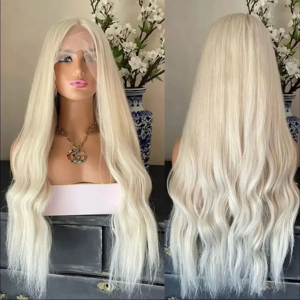 

Белые парики с естественной волной, синтетические, термостойкие, с кружевной передней частью, предварительно прорезанные, без клея, из фибровых волос, с свободной линией роста волос, для косплея, для женщин