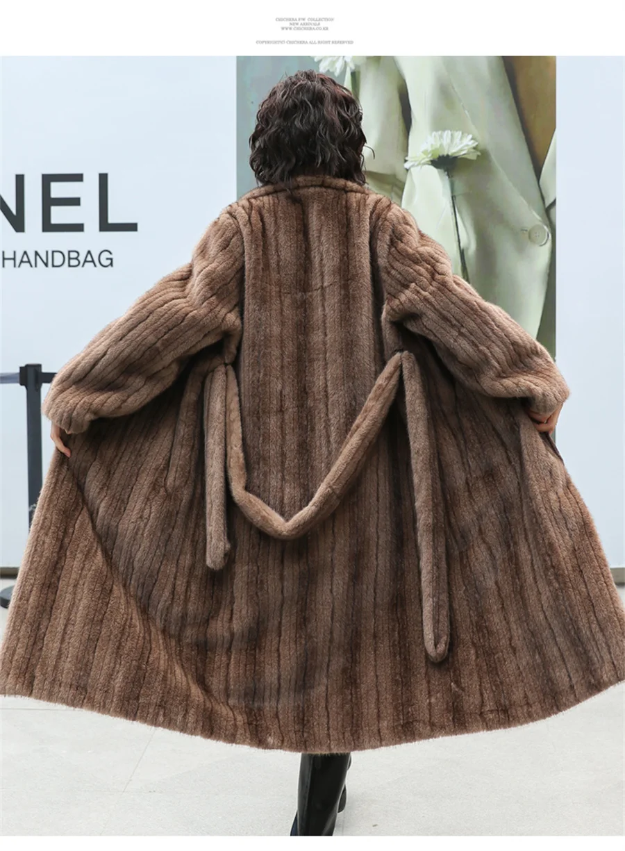 ZAROY Faux Mink Fur Long Coat Women 2025 Lapel Belted Winter Warm Fluffy Fur Overcoat Luxury Streetwear Brand Outerwear Overcoat