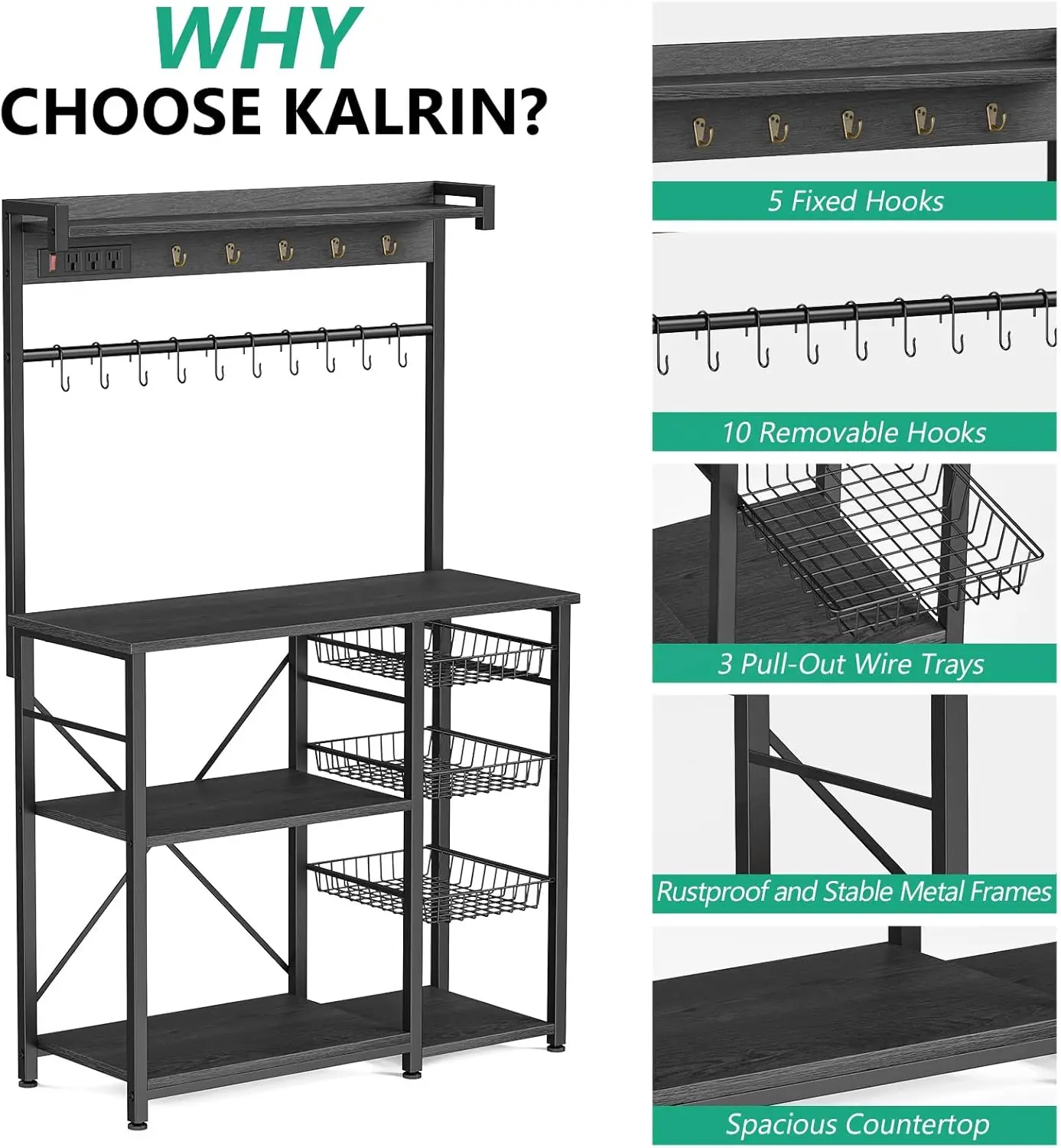 Large Bakers Ra With Power Outlets 38.8 Hes, 15 Hooks Coffee Bar With 3 Wire Basket, Microwave Stand Kitchen Storage Shelf For