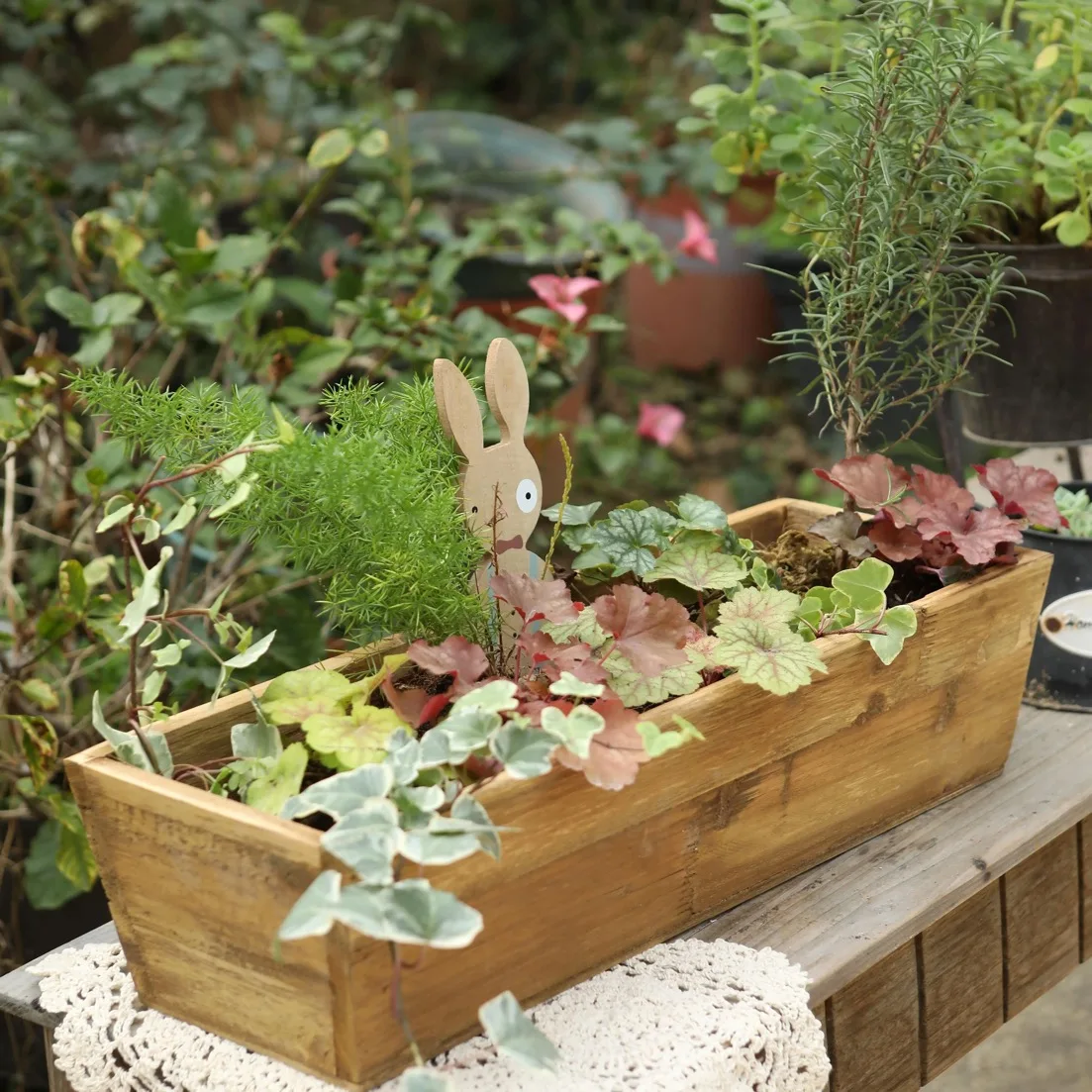 Rustic Wooden Planter Box Set, Indoor Outdoor Garden Containers, 19.5 x 7 x 7 inches and 16 x 6 x 7 inches