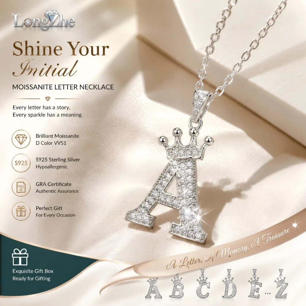 

LongZhe D Color Moissanite Crown Initial Necklace S925 Silver 26 A-Z Pendant With GRA Certificate Gift Box Women Jewelry