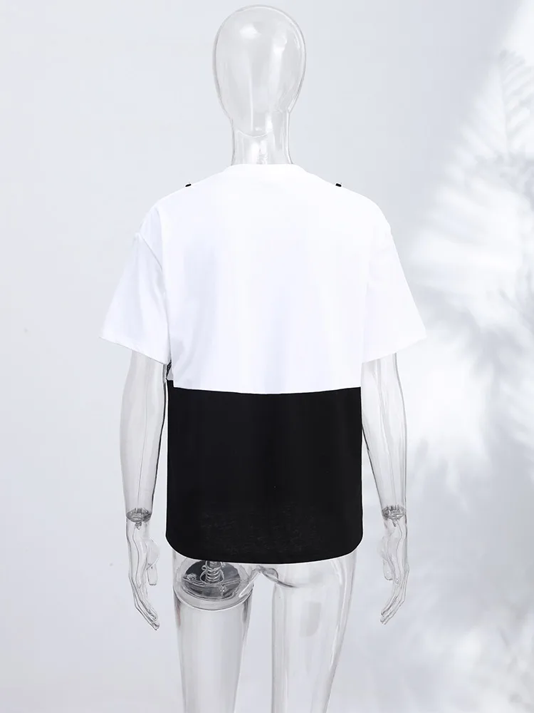 Spitzen-Patchwork T-Shirt mit Fake-Zweiteiler-Effekt für Damen, Eleganter Rundhalsausschnitt, Kurzarm, Locker Geschnittenes Oberteil, Frühlings-Chic, Neue Club- und Partykleidung – Detail 11