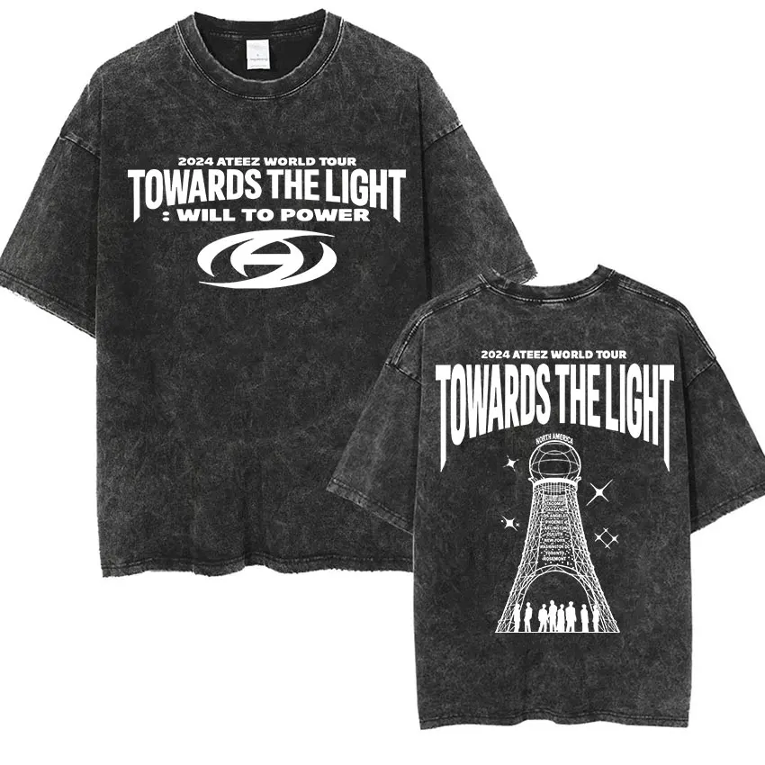 Korean ATEEZ 2024 World Tour T Shirts Towards The Light Vintage Washed T-shirt Men Women Hip Hop Fashion Clothing Oversized Tees