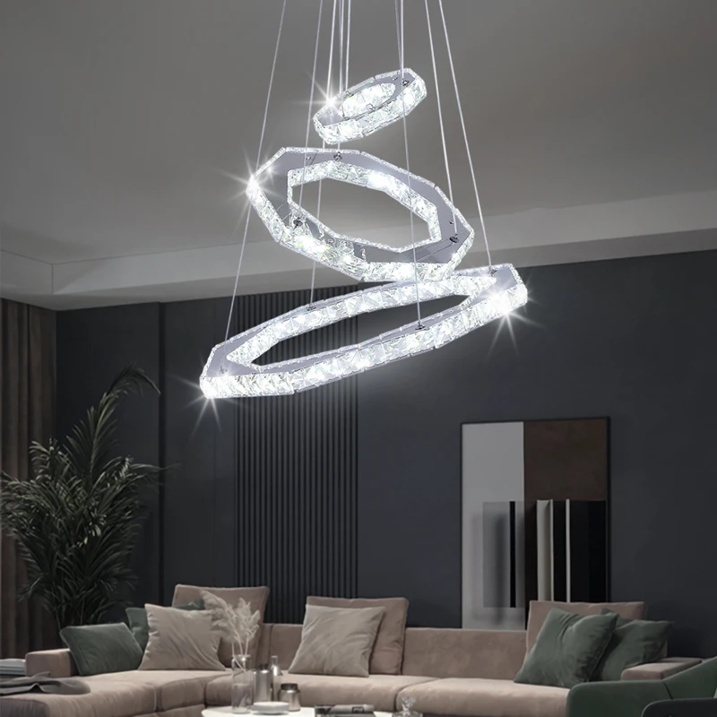 Modern cold white 3-ring round K9 crystal chandelier household living room lighting simple switch control