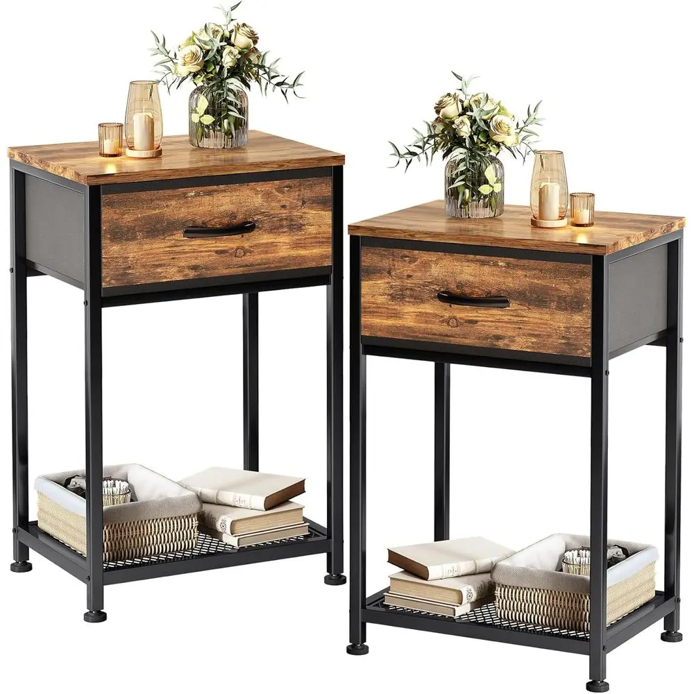 

Pair of Rustic Brown Wooden Nightstands: Bedroom Side Tables for Bedside Storage and Style
