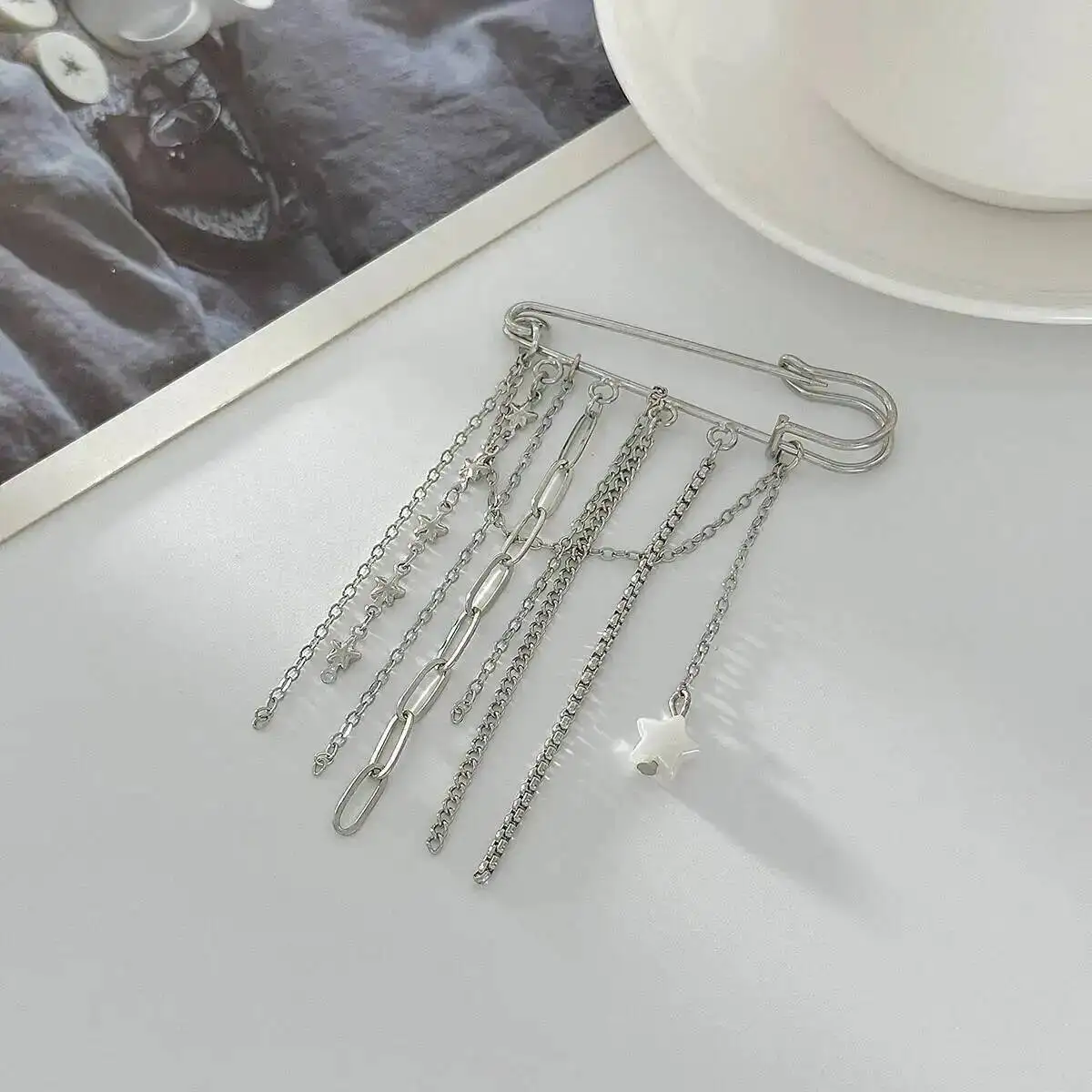 

KunJoe Versatile Silver Color Pentagram Stars Tassel Brooches for Women Simple Collar Brooch Pins Clothing DIY Accessories