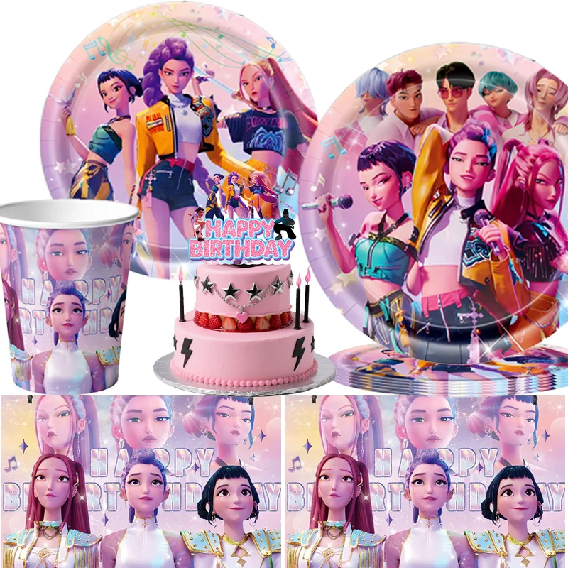 Kpop Demon Hunters – décoration d'anniversaire, Kit de vaisselle pour fête à thème, tasses, assiettes, serviettes, bannière d'arrière-plan, fournitures de décoration d'anniversaire pour filles