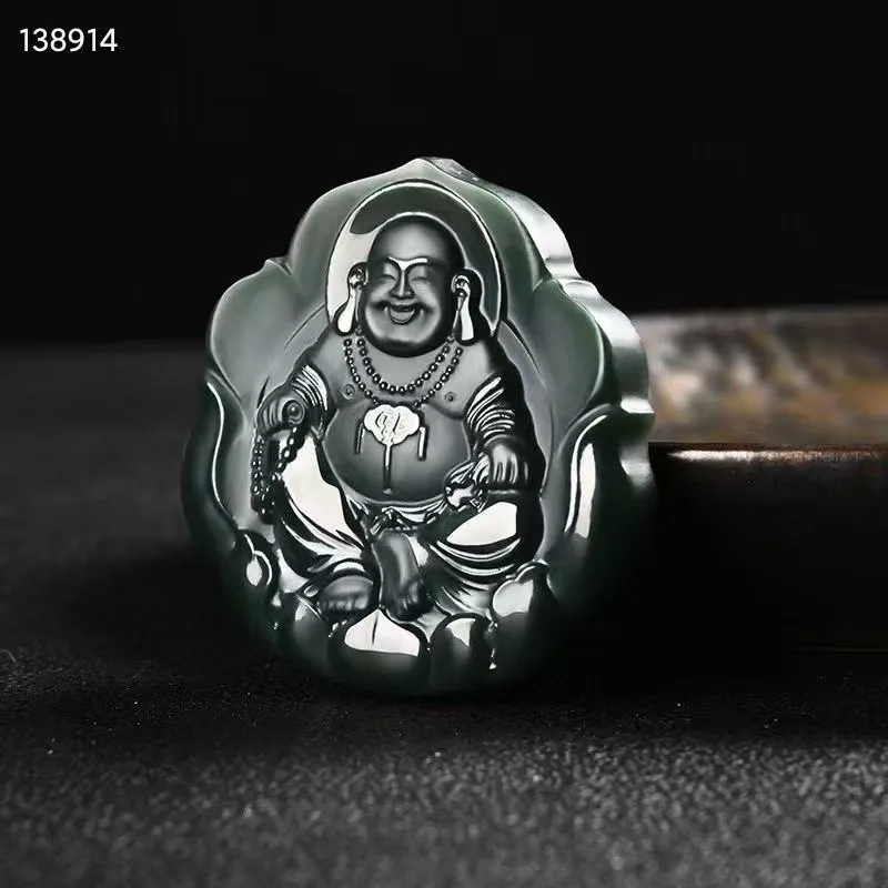 

Natural 100% real green hetian jade pendant necklace hand-carved Smiling Buddha pendants jade jewelry for woman man Bless peace