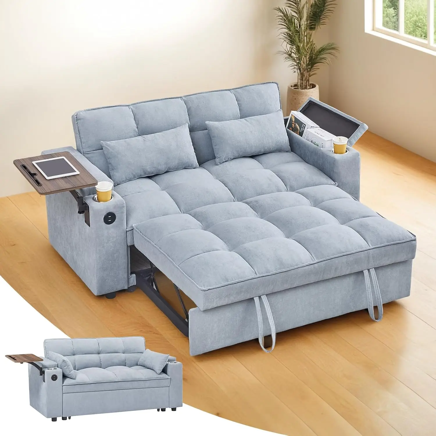 

3 in 1 Sofa Bed, Pull Out Couch with Side Table, 65'' Convertible Loveseat with Adjustable Backrest, Chaise Lounge with USB and