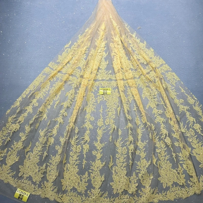10 Yards Champagne Noctilucent Tulle Lace Fabric High Quality Fashion Gold Glue Glitter Net Lace With Beads Sequin For Party Dre