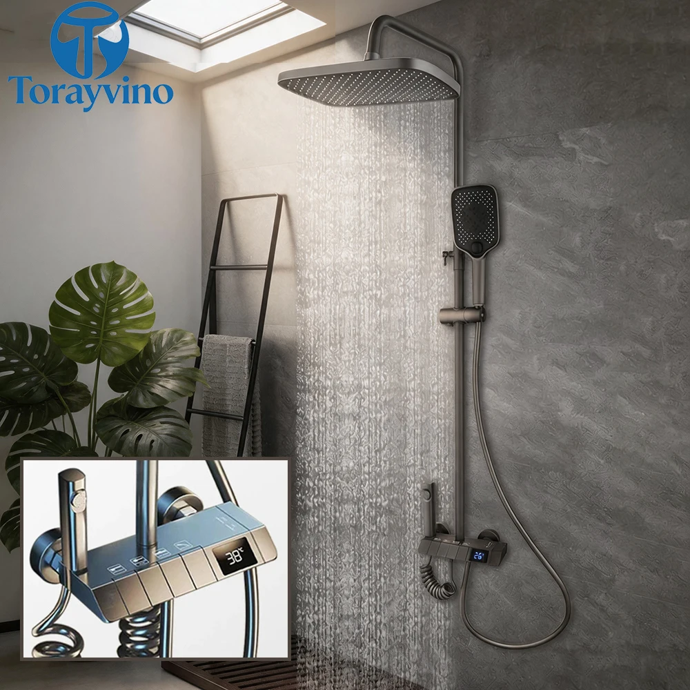 Torayvino Bathroom Black Digital display luxury Shower System Set 4-way Rainfall Head high quality outdoor faucet shower column