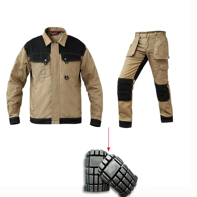 

100% Cotton Khaki Work Jacket Work Trousers Overalls Multi-pocket Wear-resistant Working Pants Men Workwear Pants With Knee Pads