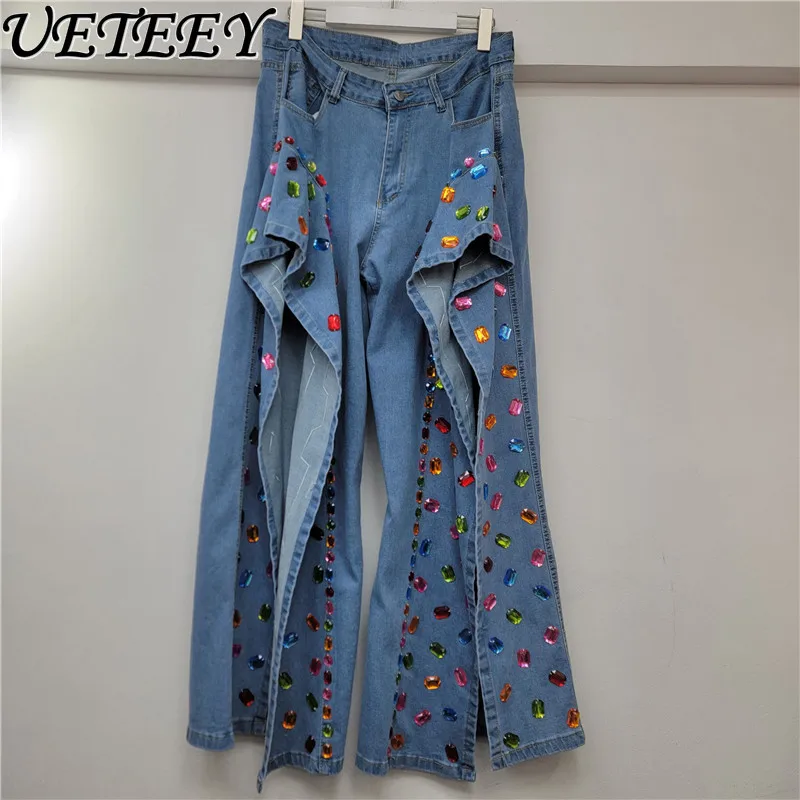 

European and American Style Niche Design Ruffled Hem Split Baggy Denim Pants Beaded Rhinestone Hollow Loose Straight Jeans