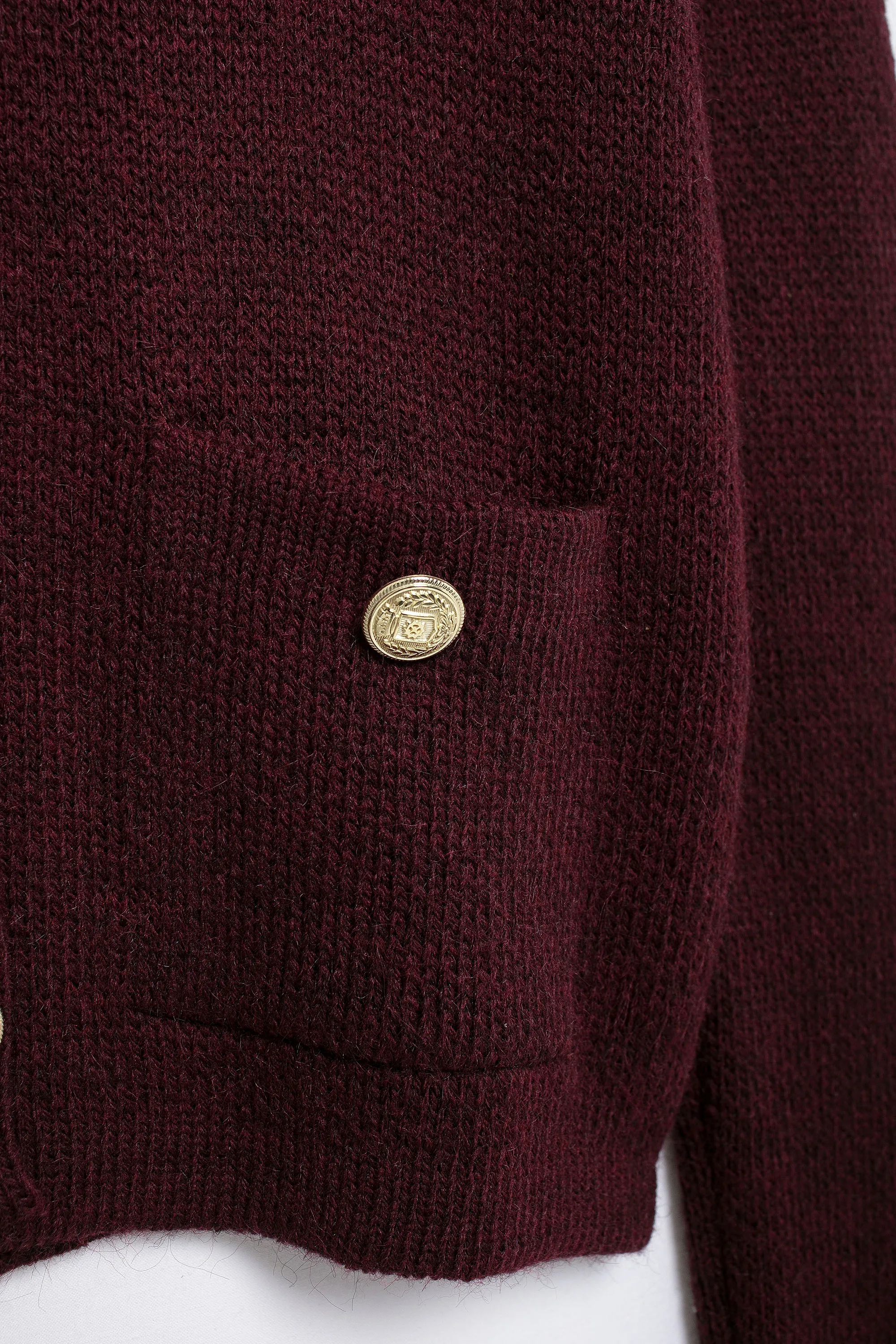 Gold-Breasted Knitted Jacket Round Neck Long Sleeve Burgundy Sweater