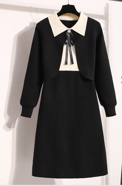 Abiti versatili alla moda lavorati a maglia autunnali da donna di grandi dimensioni Temperamento Fiocco Dolce manica lunga Abito giapponese in due pezzi finto nero