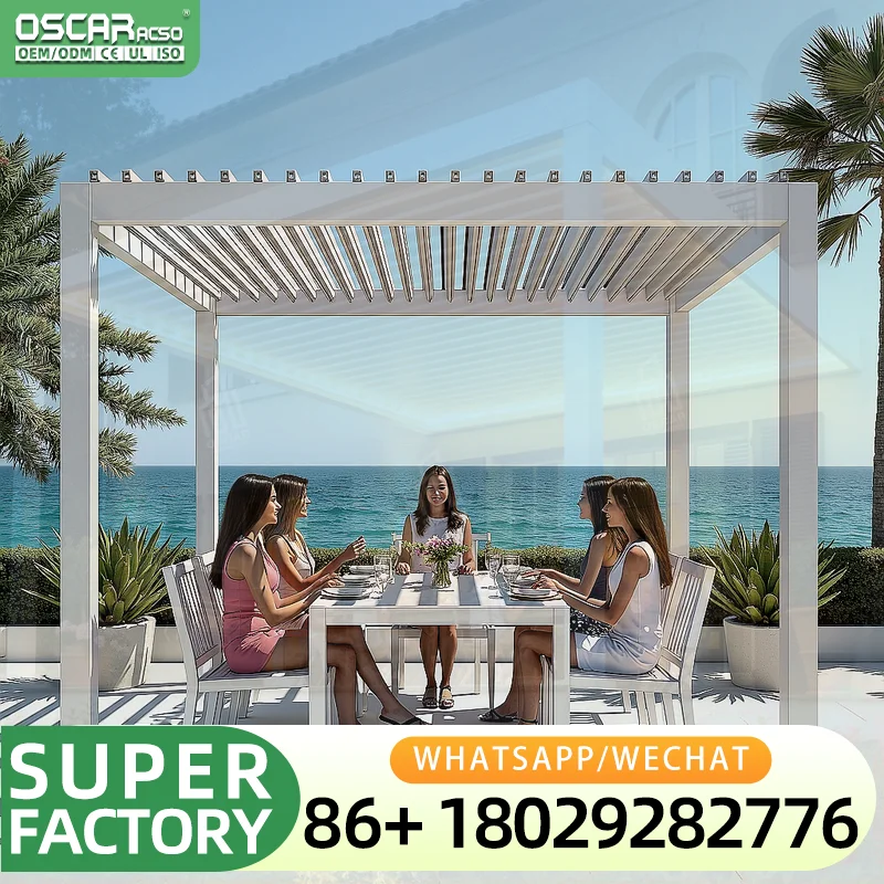 Premium Adjustable Aluminum Outdoor Pergola Waterproof Louver Roof Electric Gazebo with LED Strip for Garden Patio Backyard Euro