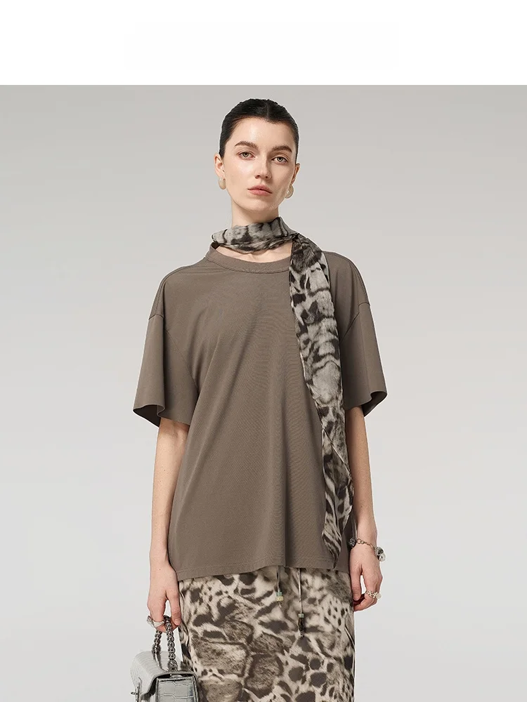 

Летняя новинка: женская футболка Audrey Wang с леопардовым принтом, универсальный топ в стиле ретро, свободный крой, круглый вырез, однотонная.