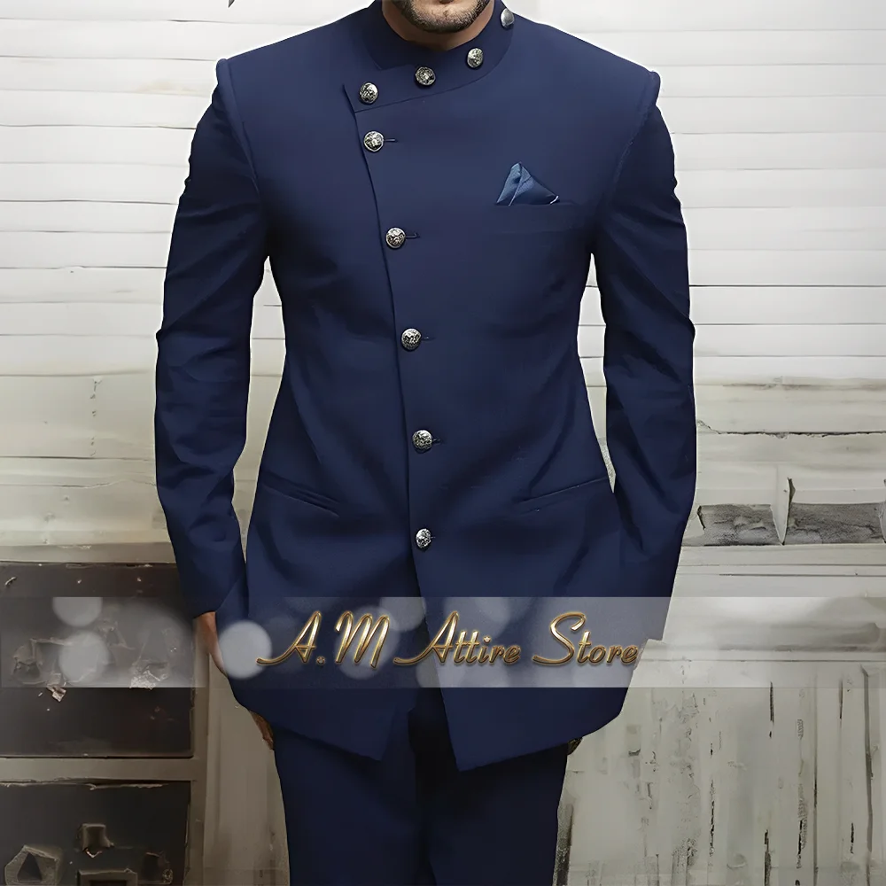 

Классический темно-синий костюм Jodhpuri для мужчин в стиле махараджа, комплект из 2 предметов, куртка и брюки, индивидуальный комплект для свадьбы, банкета, выпускного, Рамадана, смокинг