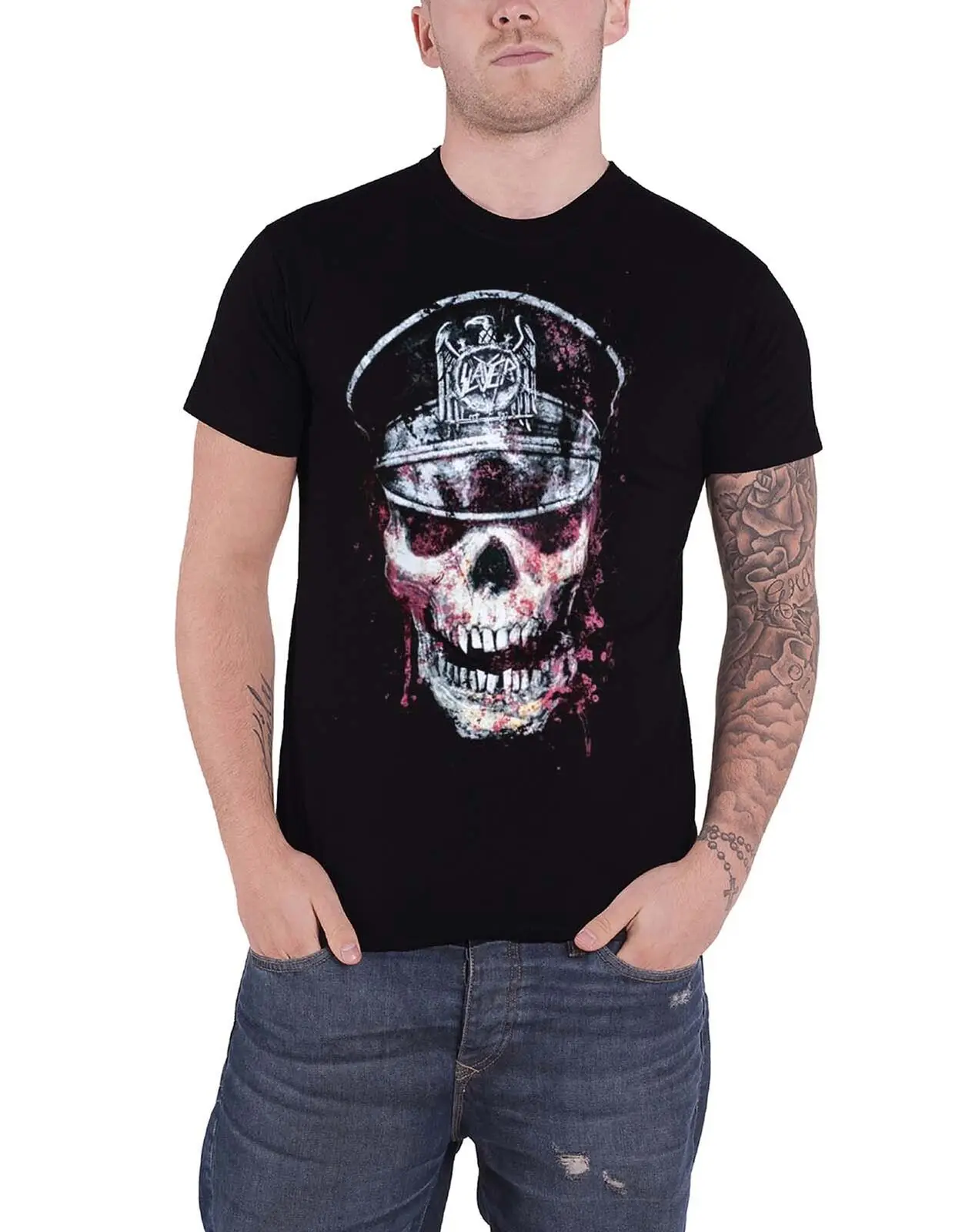 

Slayer T Shirt Skull Hat Band Logo distressed new Official Mens Black