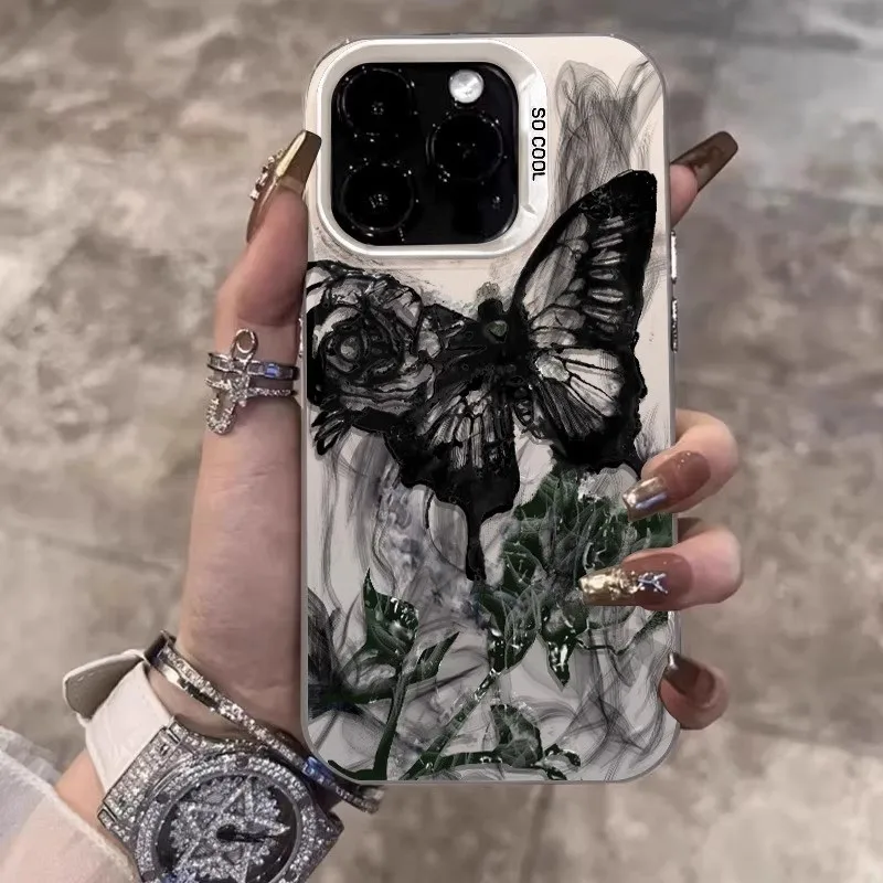 Graffiti black butterfly Shockproof Phone Case For iPhone 16 13 14 12 11 15 Pro Max fashion Case For 7+8+ XR XsMax