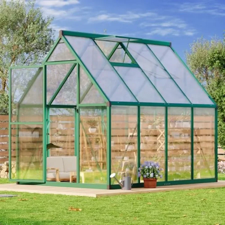 Feet House for Outdoors, Lockable Door and Ajustable Roof Vent, Polycarbonate House with Water Gutter System, Aluminum Walk-in