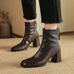 High Quality Genuine Leather Ankle Boots Square Toe Zipper Chunky High Heels Autumn Black Boots Big Size 34-42 Shoes for Women