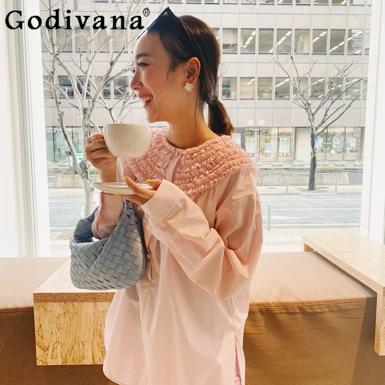 Japanese Girl Sweet Pleated Doll Collar Loose Pink Casual Shirt Women Autumn New Fashion All-Match Long-sleeved Blouses Y2k Top