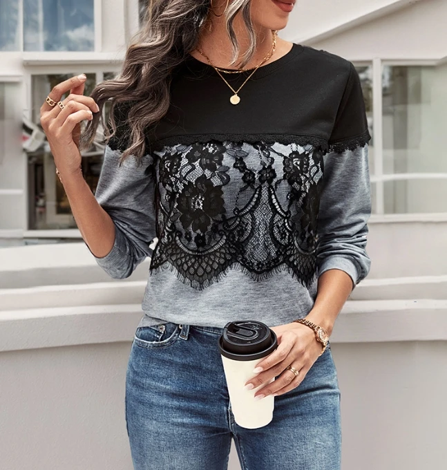 Trendy Women's Shirt Color Blocked Long Sleeved Sweatshirt O-Neck Lace Patchwork Slim Fit Casual Daily Casual Y2K Women's Shirt