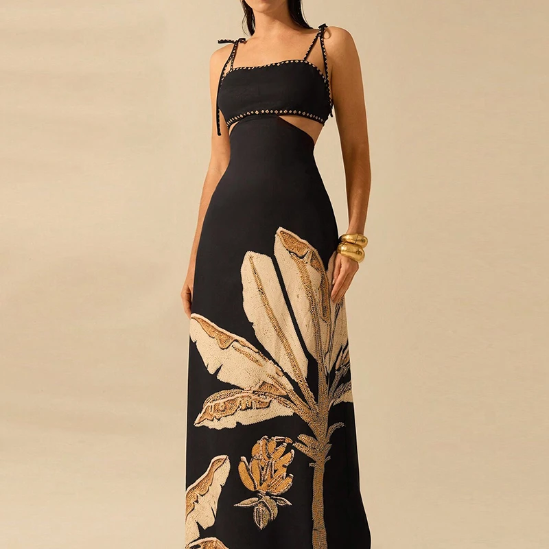 시크 리프 프린트 홀터 보헤미안 드레스 섹시 슬리브리스 슬림 연회 롱 드레스 여성 2025 여름 백리스 타이업 휴가 드레스