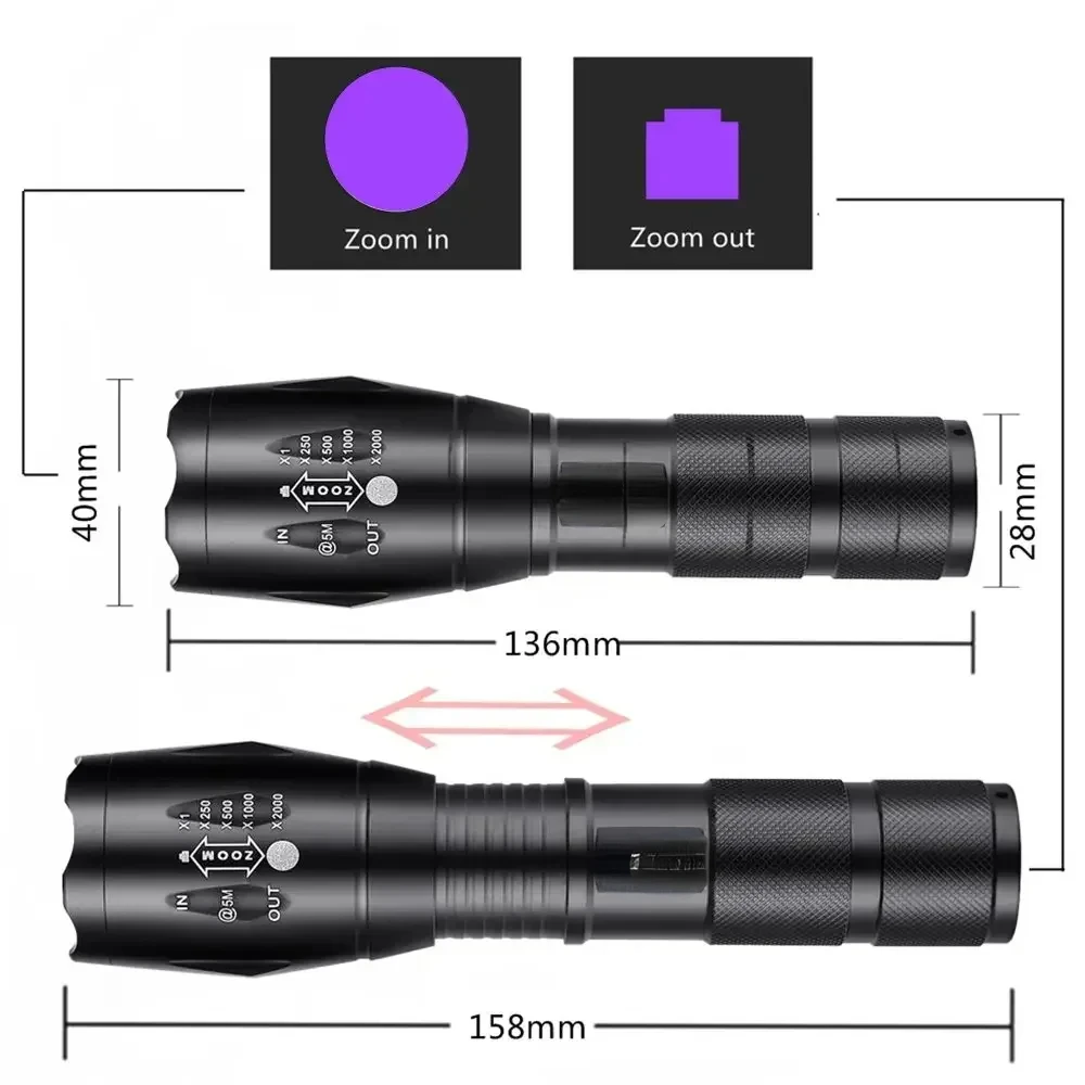 Zoom UV LED Flashlight 365nm 395nm Invisible Ink Marker Cat Dog Urine Tinea Ore Money Scorpion Fluorescence Light Use AAA 18650